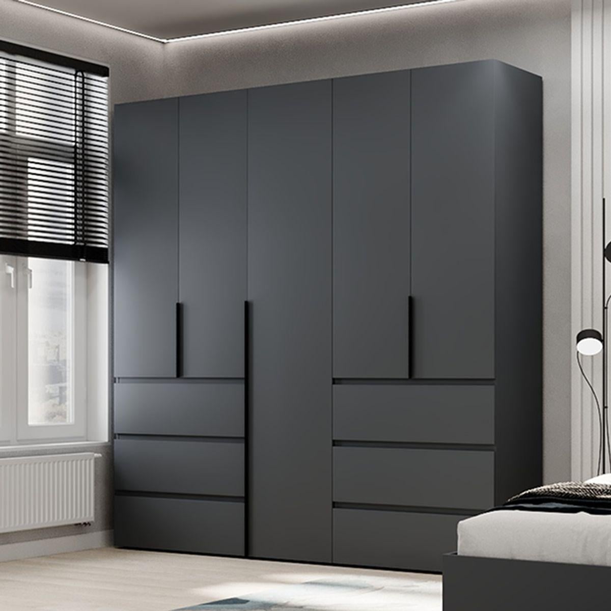 Шкаф распашный AiH Light №3 5-дверный с полками/ящиками и штангой для одежды 200x220x50 см Графит (LTK037000000)