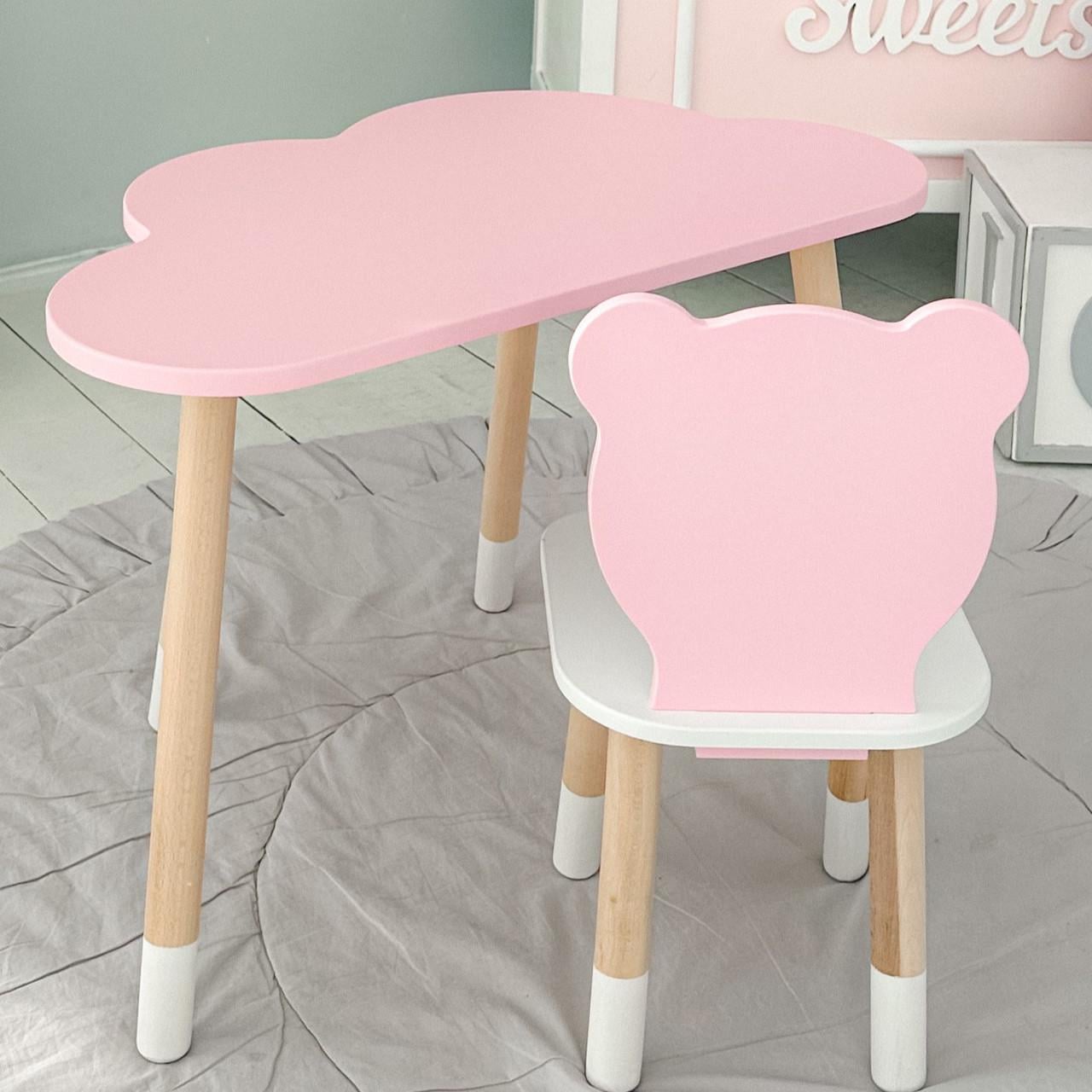 Стол тучка и стульчик детский медвежонок с сиденьем для занятий игр еды Розовый с белым Стол тучка и стульчик детский медвежонок с сиденьем для занятий игр еды Розовый с белым