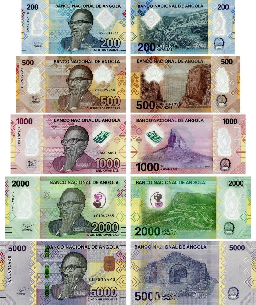 Коллекционные банкноты Ангола из 5 банкнот 2020-2025 UNC 200/500/1000/2000/5000 кванза (Б23858)