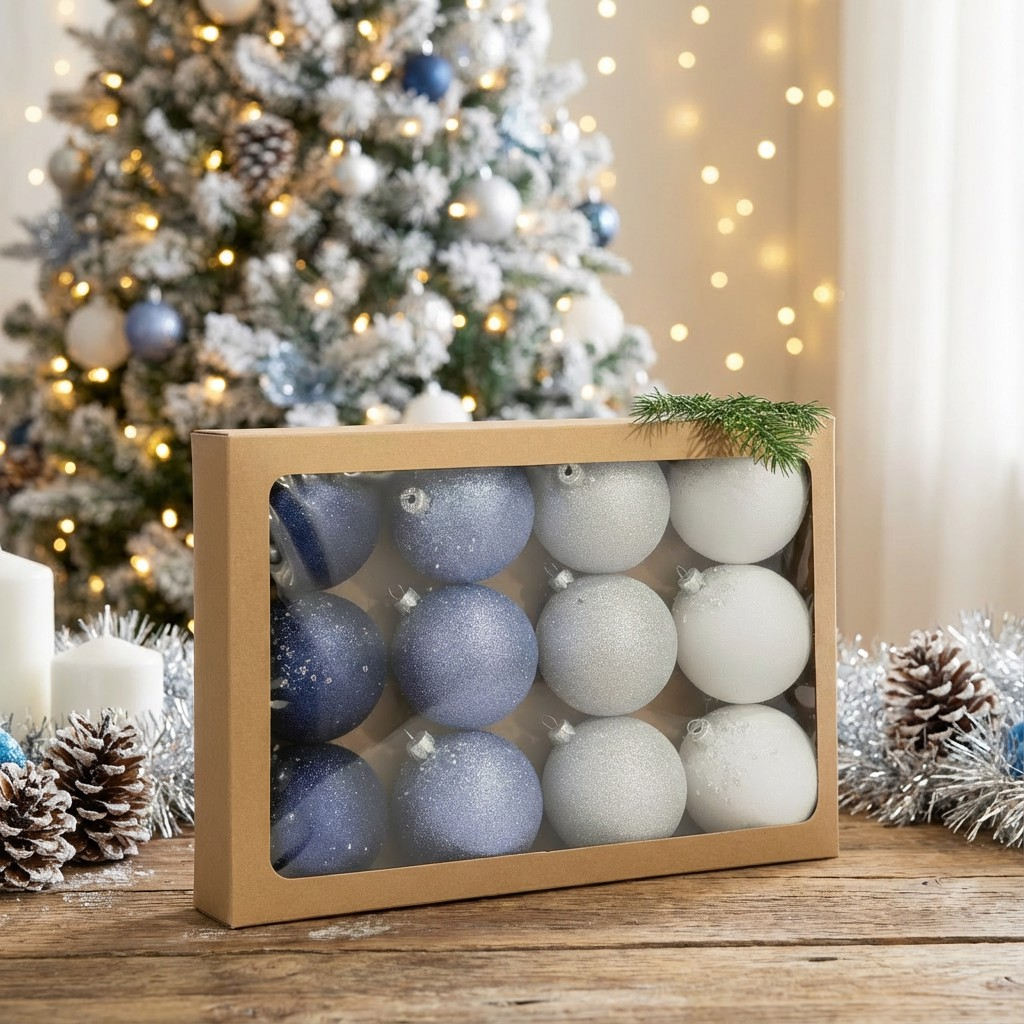 Набор новогодних шаров Микс блестящие с глиттером 12 шт. 8 см Синий/Белый/Серебристый (8066770803)