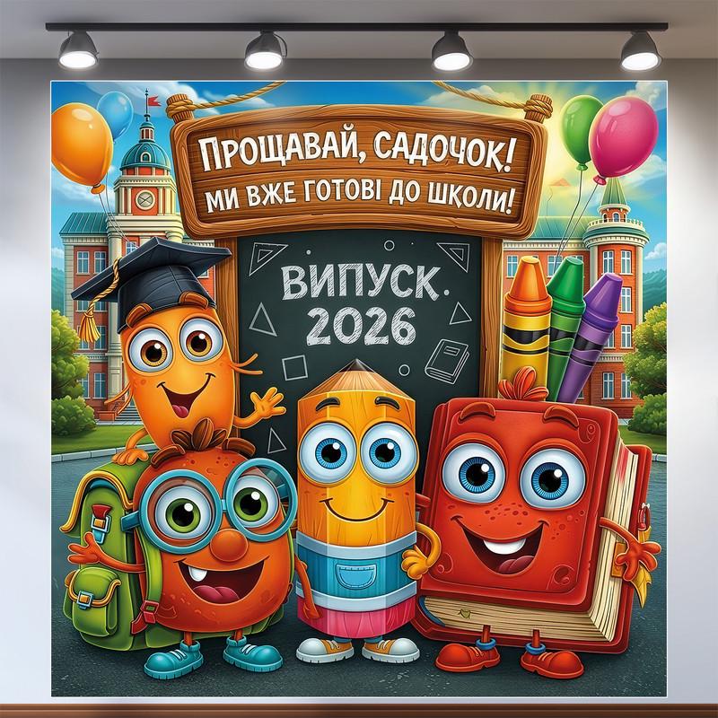 Баннер для фотозоны "Випуск 2026 Прощавай садочок" с персонажами карандашами и книгой 200х200 см Баннер для фотозоны "Випуск 2026 Прощавай садочок" с персонажами карандашами и книгой 200х200 см