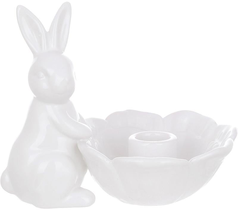Подсвечник керамический Кролик с цветком 16х12х13 см Белый