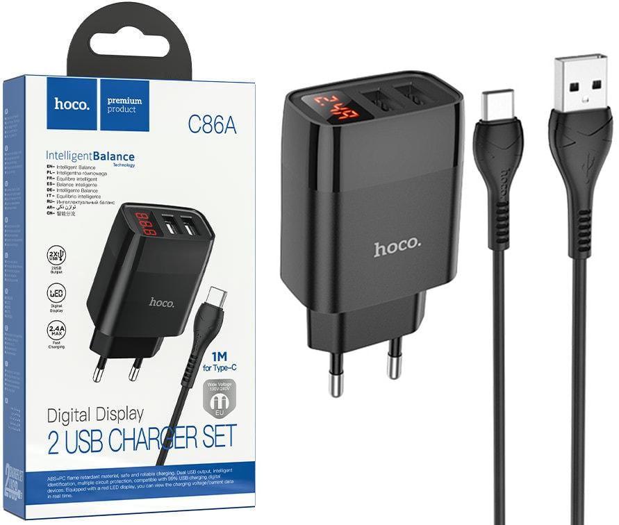 Устройство зарядное Hoco C86A 2 USB 2,4A кабель Type-C Black (36785)