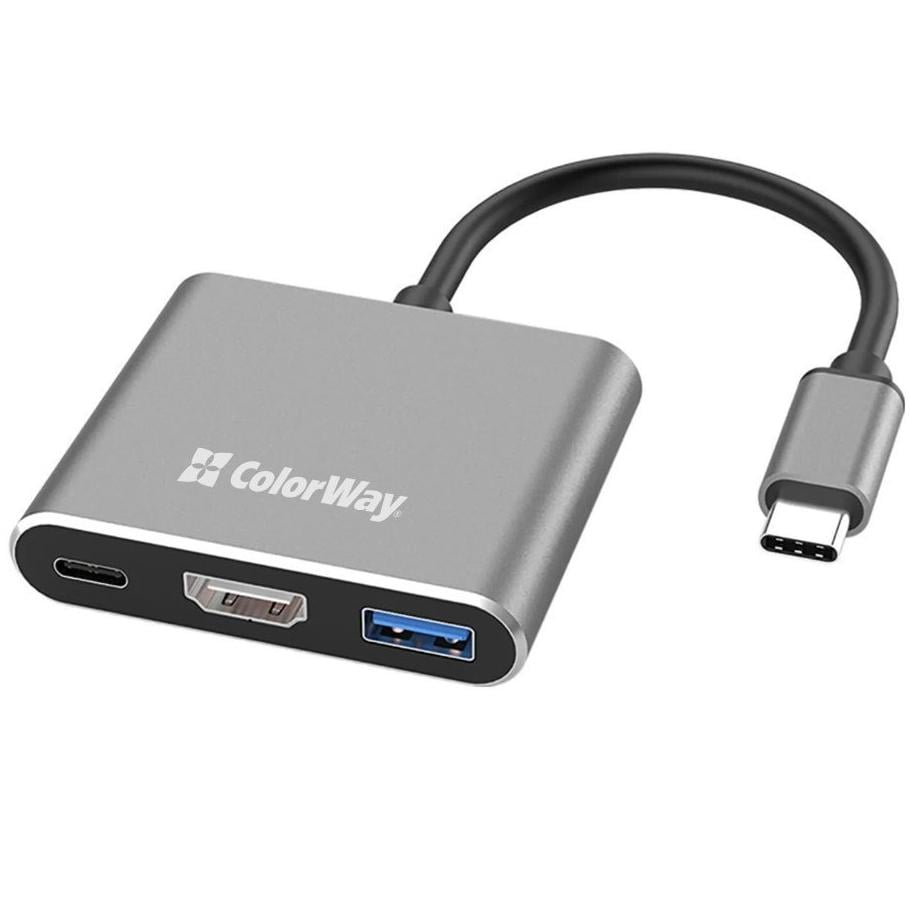 USB-хаб ColorWay CW-HUB08 USB Type-C 3в1 HDMI 4K PD 100W Grey (35575444)