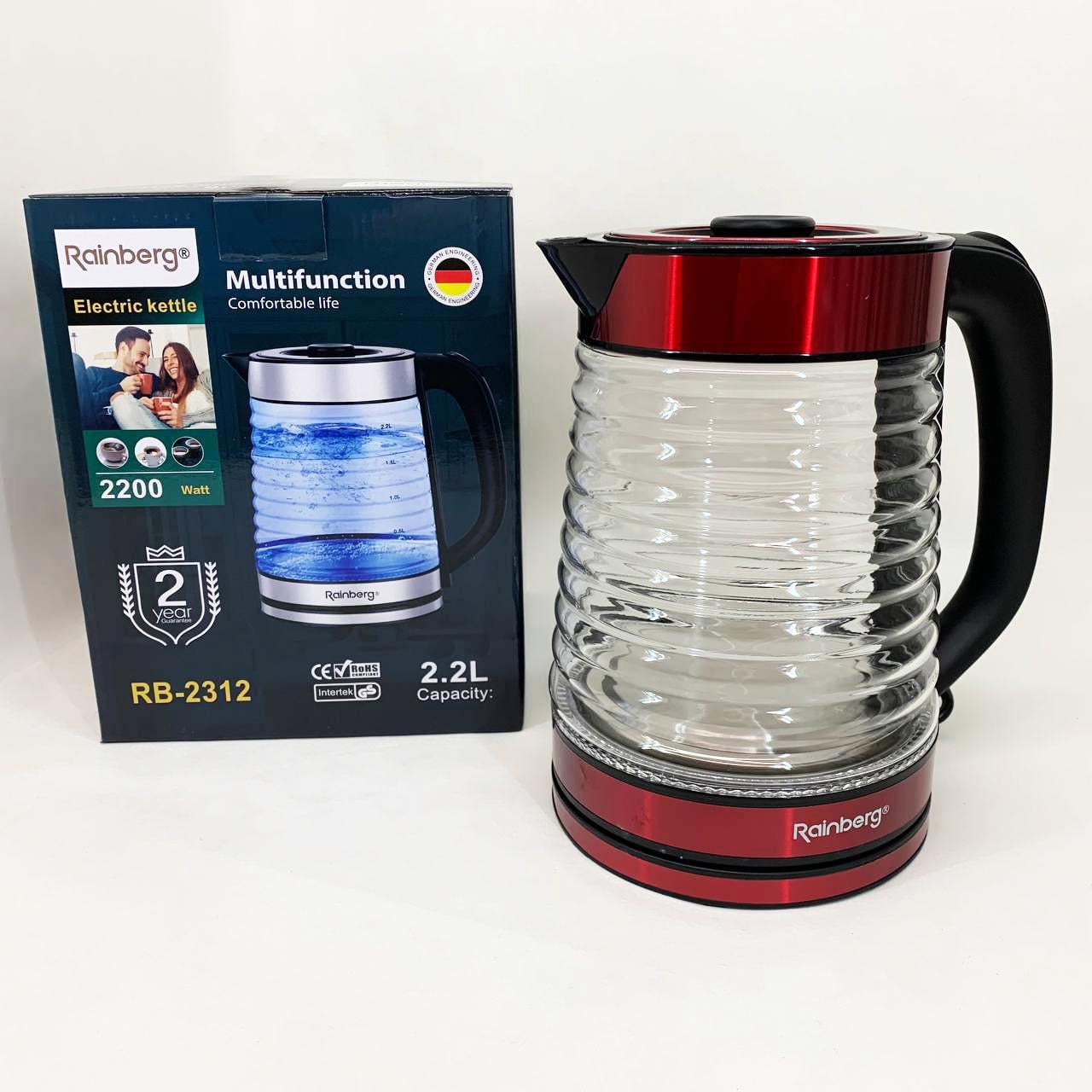 Електрочайник Rainberg RB-2312 скляний дисковий 2,2 л 2200 Вт Red (13356302)