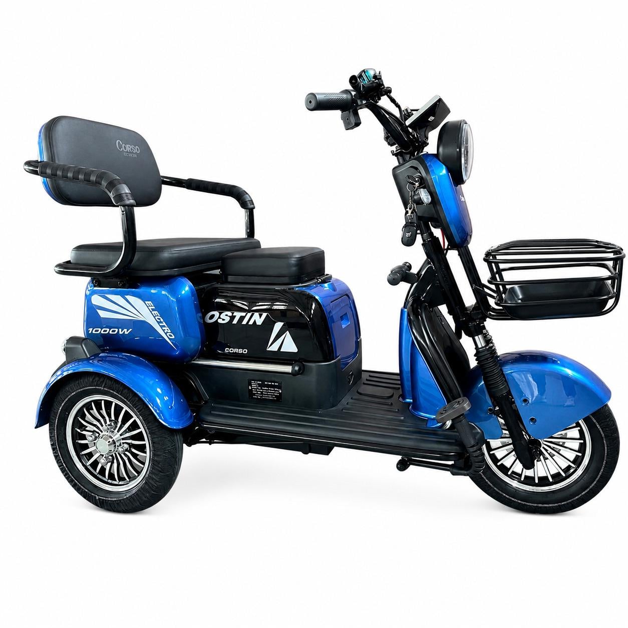 Трицикл электрический Corso Ostin 1000W 72V 23Ah и 1 ящик/аккумулятор/гидравлический тормоз Синий