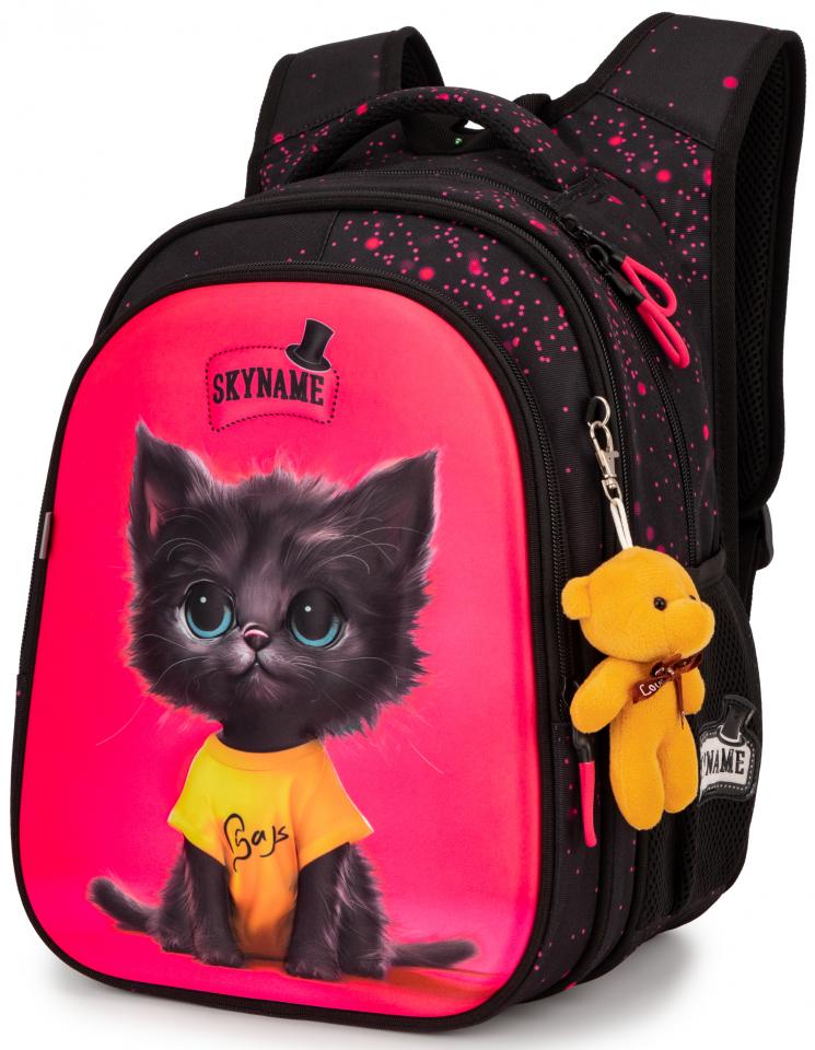 Школьный рюкзак для девочки Winner One SkyName котик 6-13 лет ортопедическая спинка Черно-розовый (R1-069)