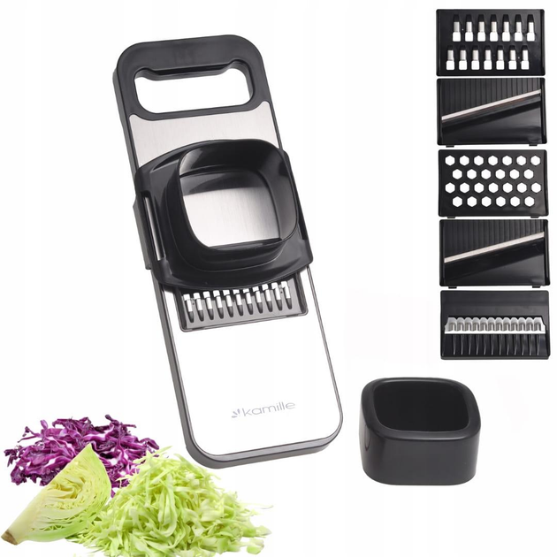 Измельчитель ручной многофункциональный для овощей Kamille KM-3005 из нержавеющей стали и пластика 6в1 29,5х10,3х2 см Черный (150-84-3005) - фото 4 Измельчитель ручной многофункциональный для овощей Kamille KM-3005 из нержавеющей стали и пластика 6в1 29,5х10,3х2 см Черный (150-84-3005) - фото 4
