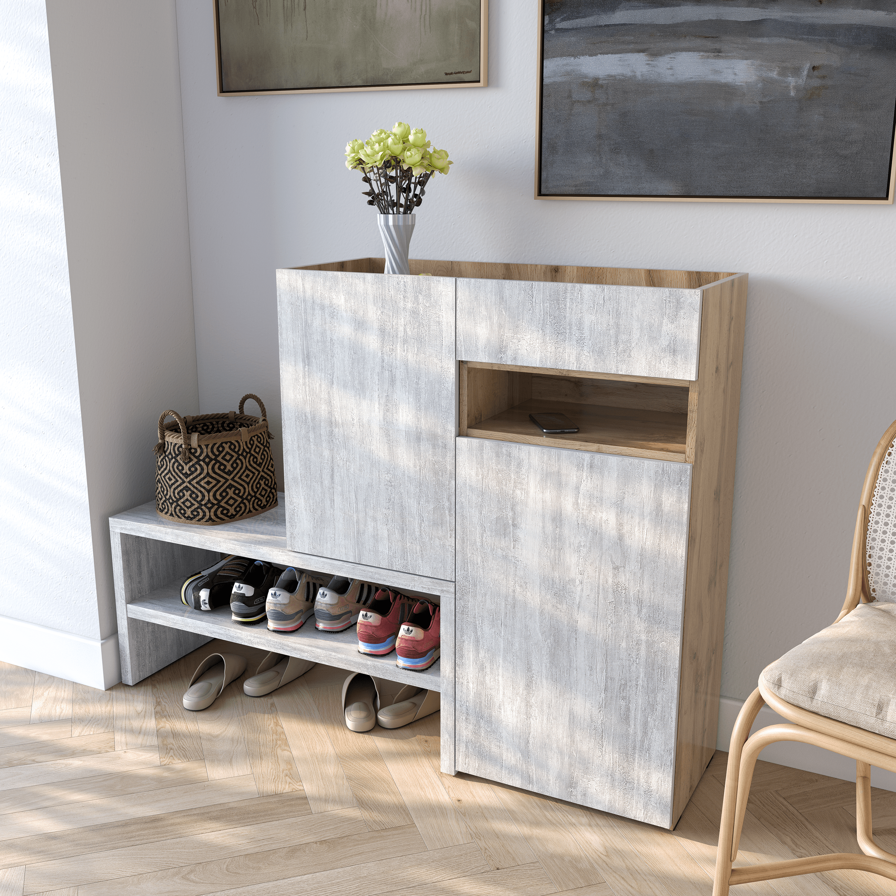 Тумба под обувь Moreli RS-4 в прихожую с дверцей и ящиком Апппалачі/Бетон