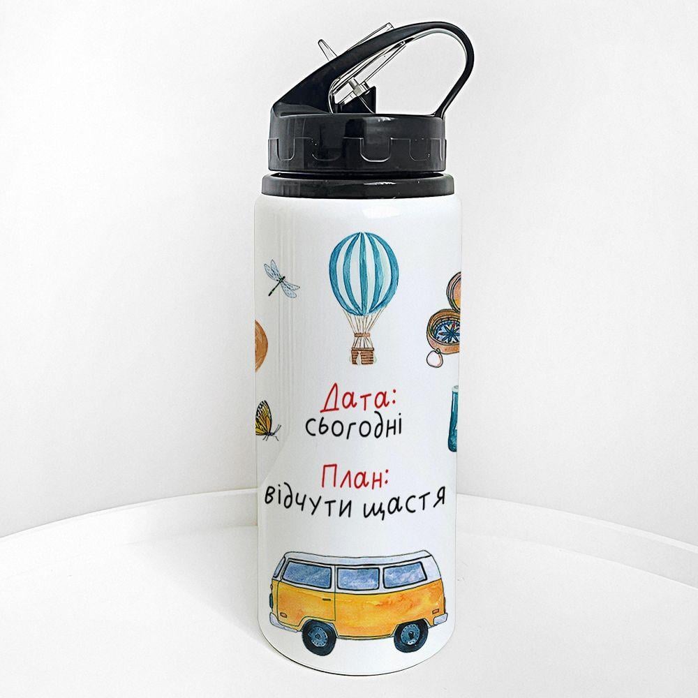 Бутылка для воды с трубочкой Presentville "Дата: сегодня. Время: ощутить счастье" 600 мл (PLV_25A026)