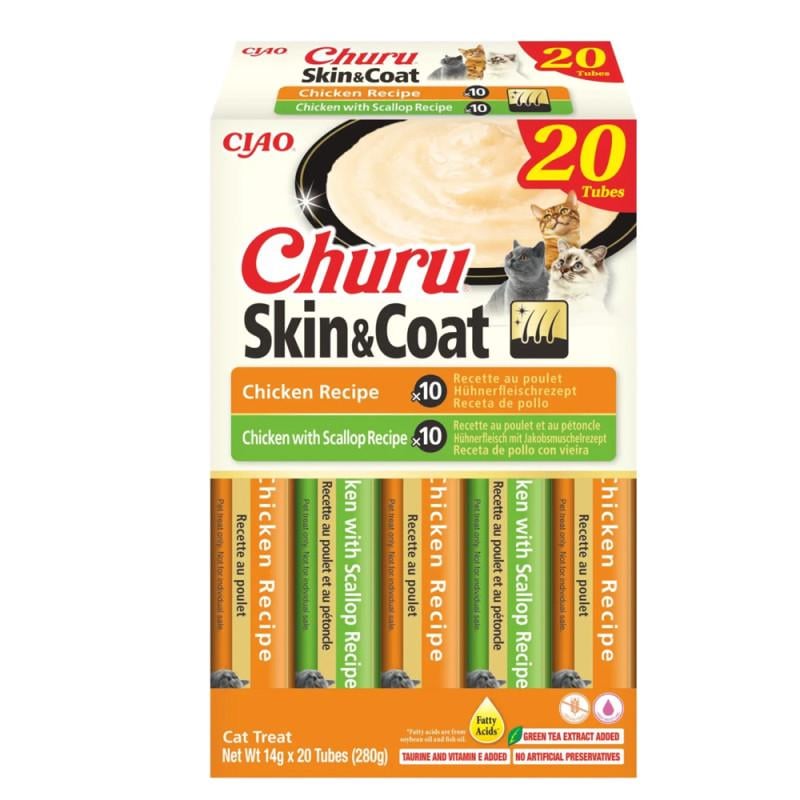 Ласощі для котів INABA Churu Skin&Coat Вершковий мус в стіках Різновиди з куркою та гребінцем 20 шт. (3189952114)