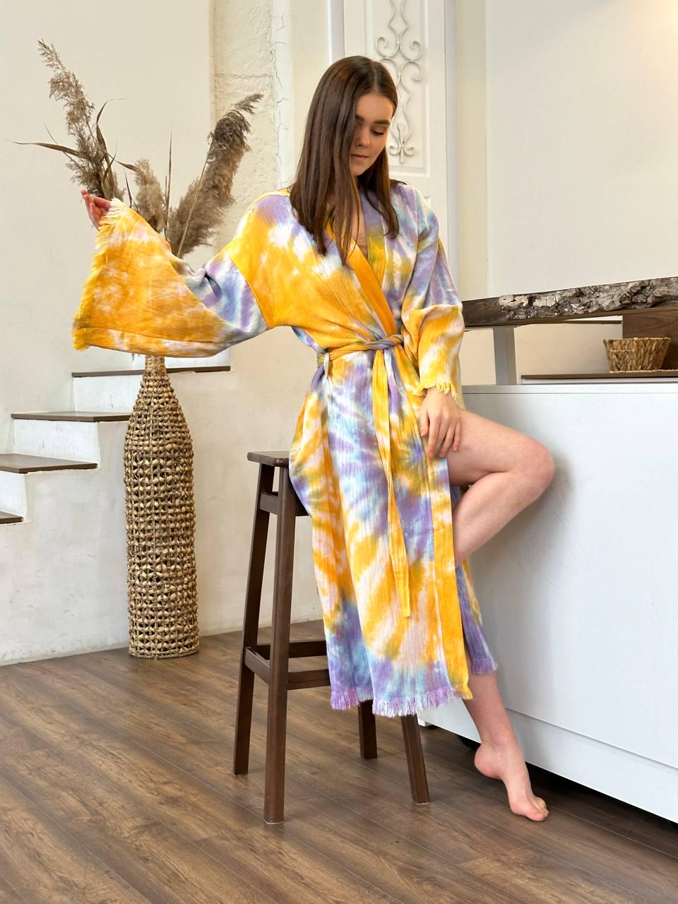 Халат-кимоно женский one size Желтый/Фиолетовый - фото 4