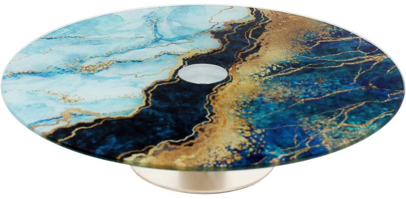 Блюдо сервировочное Liadane Синий Мрамор вращающееся Ø 30 см стеклянное на ноге (BD-594-247)