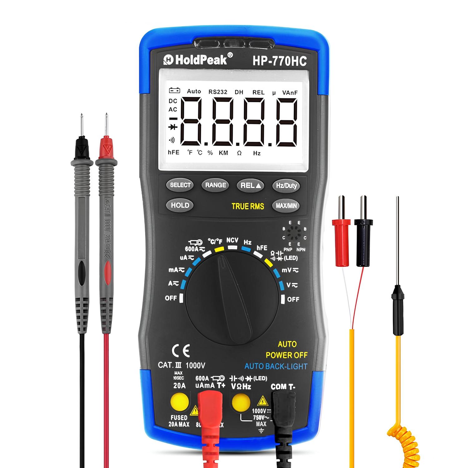 Мультиметр цифровий HoldPeak HP-770HC TrueRMS 6000 відліків 1000 В 20А AC/DC 60МОм 100 мФ 1000°C 10МГц NCV