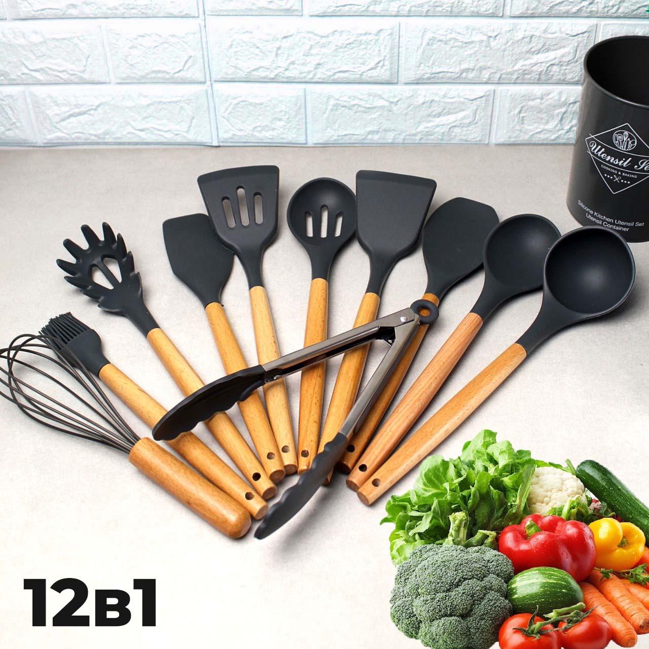 Набор кухонный принадлежностей Kitchen Ware силиконовый 12в1 с подставкой Черный (id_117616) - фото 2