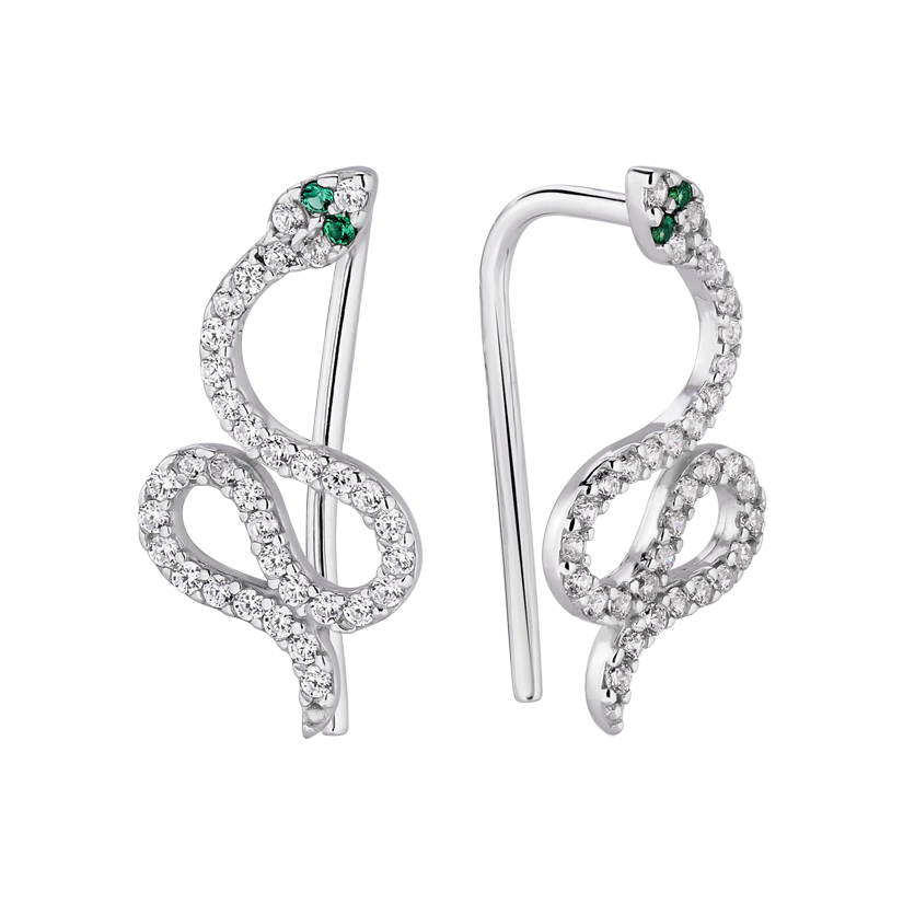 Серебряные серьги-кафы Змея с белыми и зелеными фианитами