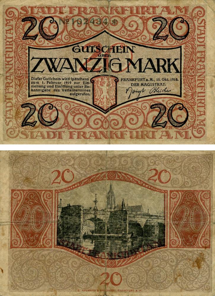 Коллекционная банкнота Германия Нотгельд 20 марок 1918 G-VG Франкфурт (Б18861)