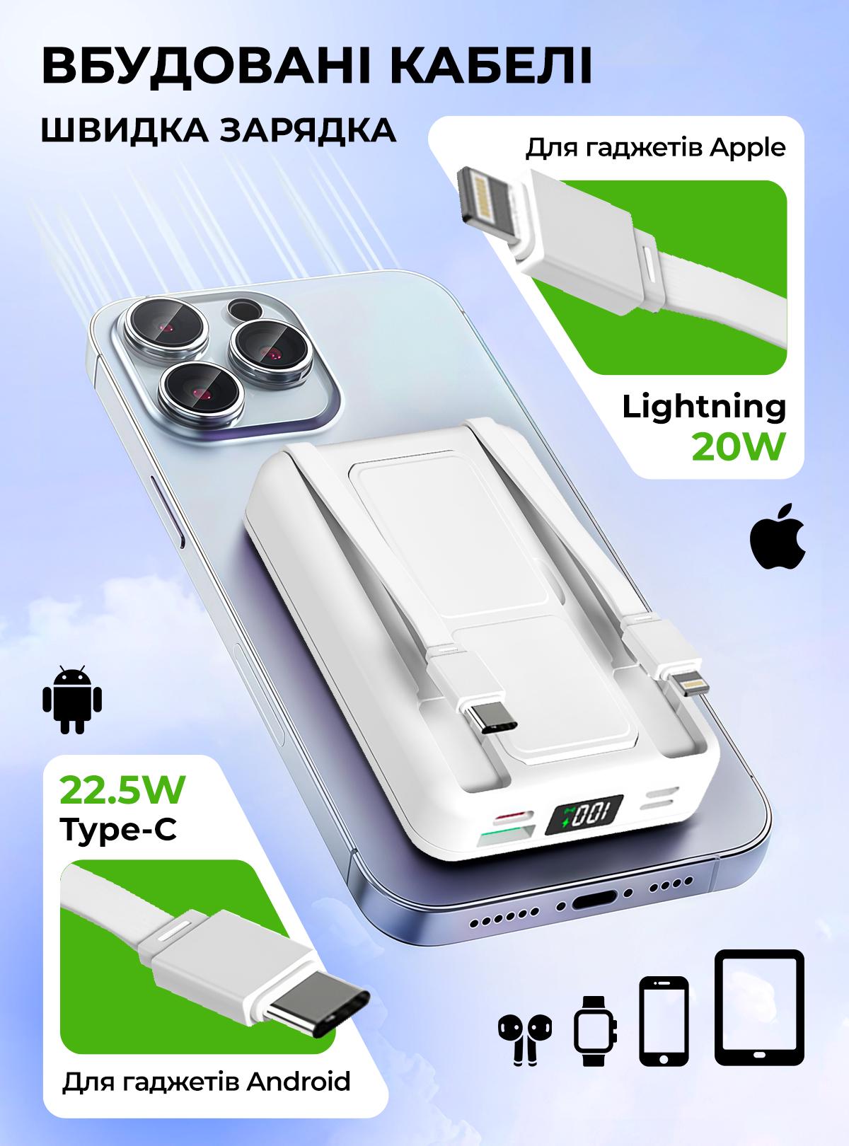 Повербанк OnePro з magsafe та кабелями Type-C Lighthing 10000 mah Білий (73741) - фото 3