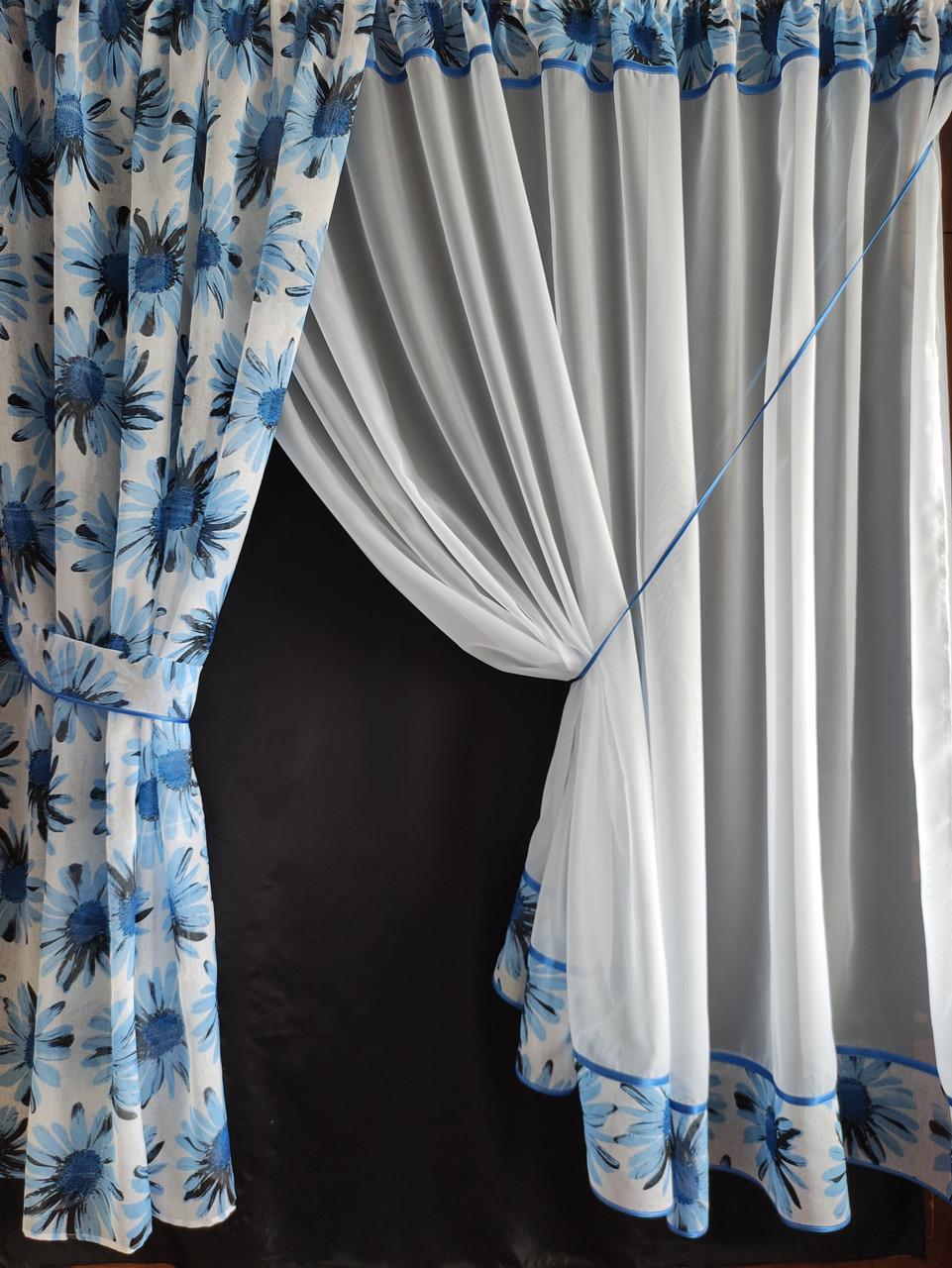 Комплект на кухонне вікно Ромашка шифон і батист з квітами 290х190 см Білий/Блакитний (ромашка-03) - фото 2 Комплект на кухонне вікно Ромашка шифон і батист з квітами 290х190 см Білий/Блакитний (ромашка-03) - фото 2