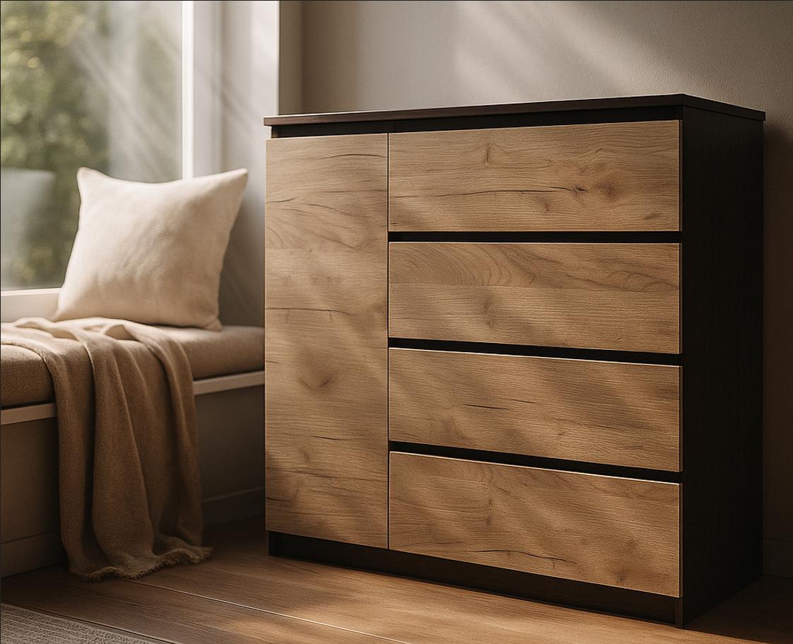 Комод Мастер Форм Брайт ДСП 4/1 телескопические направляющие левосторонний 1000х376х950 мм Венге/Серый крафт - фото 1 Комод Мастер Форм Брайт ДСП 4/1 телескопические направляющие левосторонний 1000х376х950 мм Венге/Серый крафт - фото 1