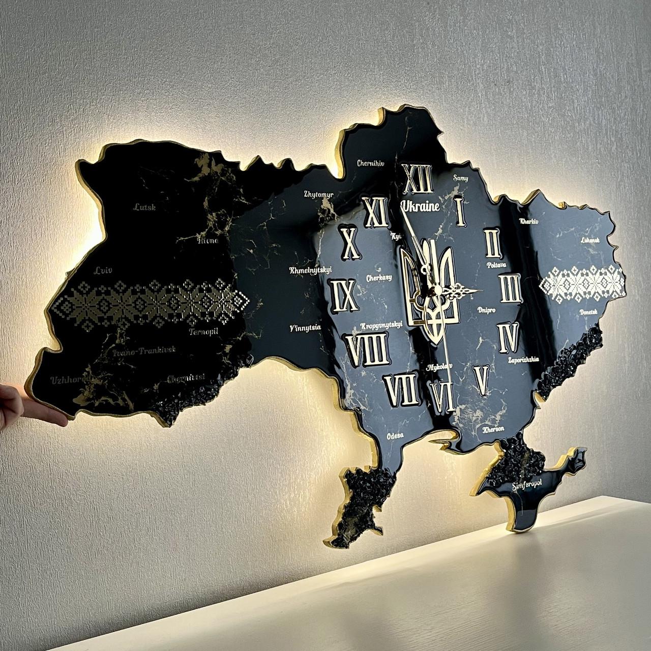 Часы настенные из эпоксидной смолы с LED-подсветкой Карта Украины 60х38 см