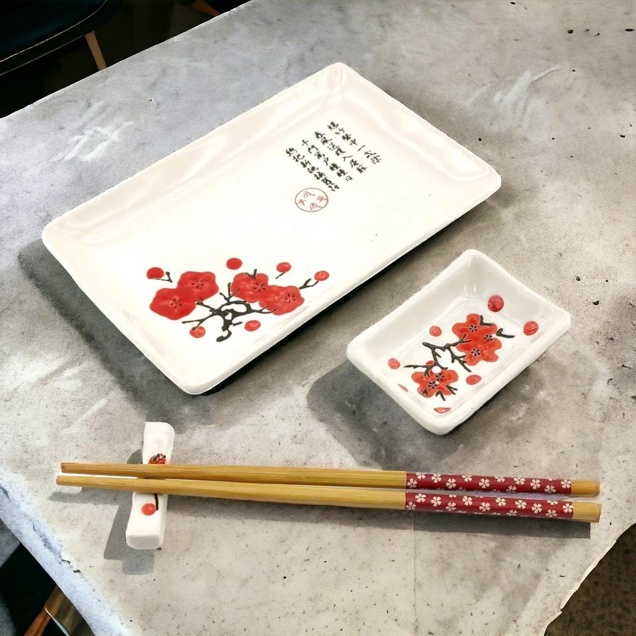 Набор для суши Сакура 4в1 тарелка/соусница/бамбуковые палочки/подставка под палочки из керамики 28х14 см (07-34280B) - фото 9 Набор для суши Сакура 4в1 тарелка/соусница/бамбуковые палочки/подставка под палочки из керамики 28х14 см (07-34280B) - фото 9