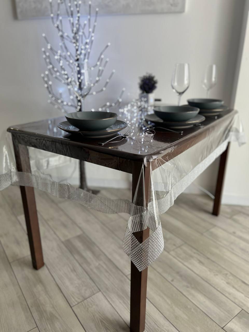 Скатерть силиконовая c камнями 1 строка прямоугольная 150x300 см Серебристый (1009-p5)