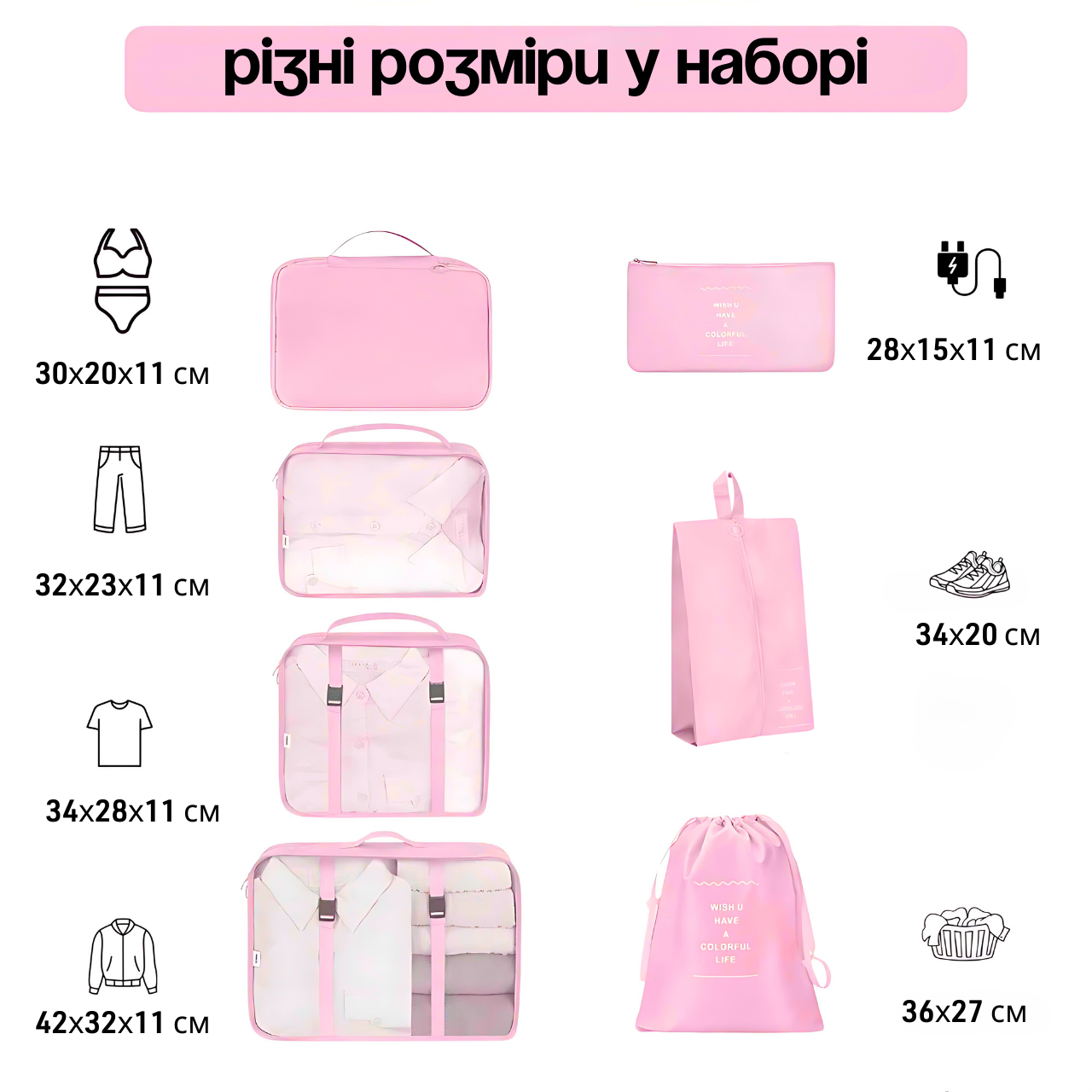 Набір дорожніх органайзерів для перевезення і зберігання речей 7в1 Рожевий (3222283785) - фото 4 Набір дорожніх органайзерів для перевезення і зберігання речей 7в1 Рожевий (3222283785) - фото 4