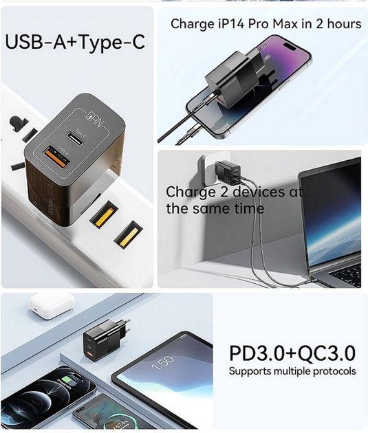 Зарядное устройство Essager Pinchen 33 W Travel Phone Charger USB A/TYPE C EU Black (21046411) - фото 2