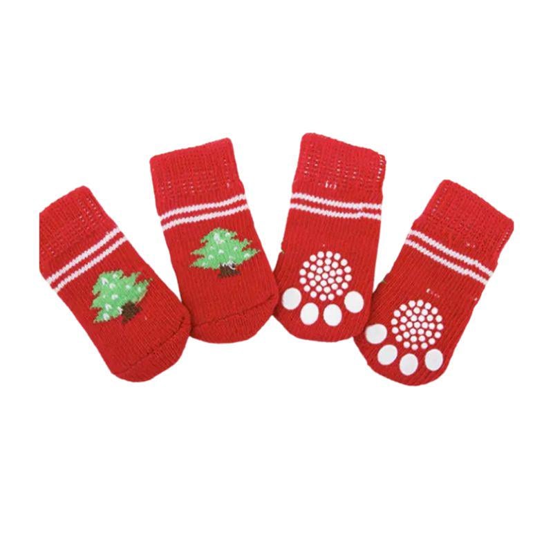 Тапки-чулки домашние для собак Новогодние с елкой хлопковые подошва с резинкой р. 4 Красный (1B0562)