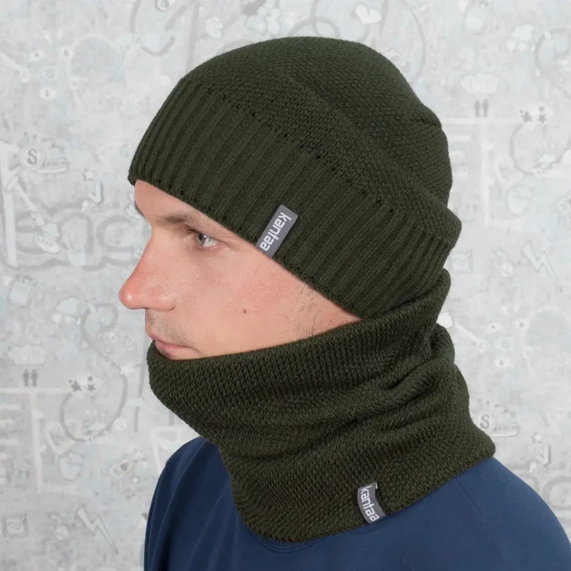 Комплект зимовий чоловічий шапка з відворотом/снуд-баф на флісі Зелений (2549773818) - фото 3