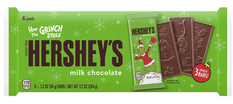 Шоколад Hershey's Grinch Embossed Holiday Milk Chocolate Bars 6 шт. х 34 ч (2845466549)