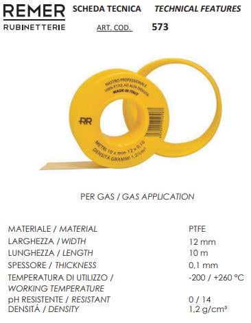 Лента фум для газа Remer 573 12х0,1 мм 10 м - фото 2