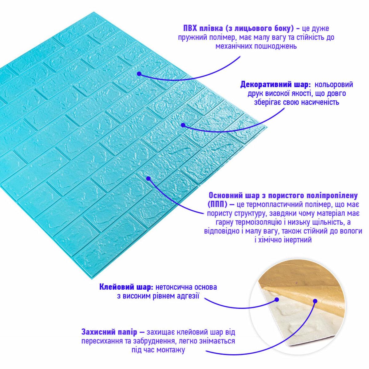 3D-панелі самоклеючі SW-00000573 ПВХ цегла квадрати декоративні на стіну 700х770х3 мм Бірюзовий (002-3) - фото 2