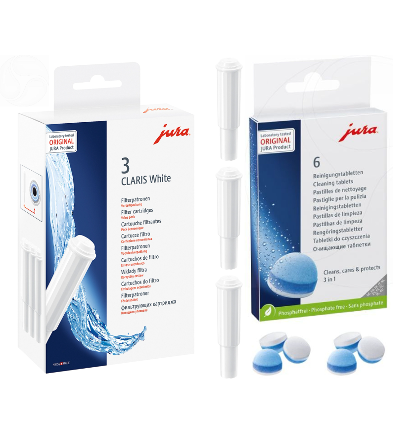 Набір для обслуговування кавоварок Jura фільтр для води Claris White 3 шт./таблетки від кавових масел та жирів 6 шт. (10251040)