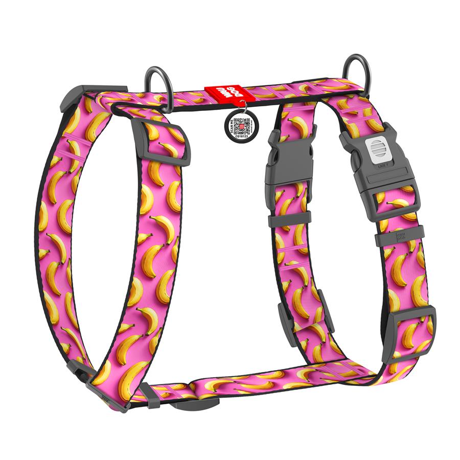 Шлейка для собак с QR-паспортом Waudog Nylon Бананы анатомическая H-образная с пластиковым фастексом XL 35 мм A 60-100 см/B 70-100 см Pink (347-4055) - фото 1