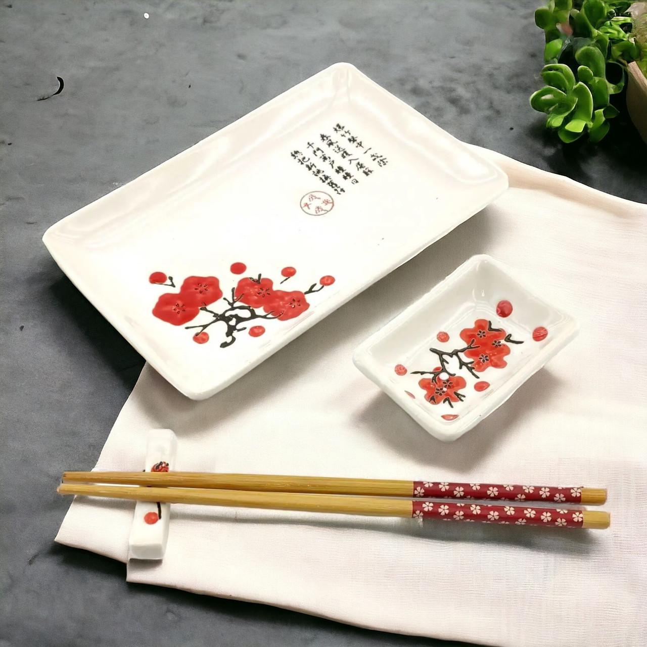 Набор для суши Сакура 4в1 тарелка/соусница/бамбуковые палочки/подставка под палочки из керамики 28х14 см (07-34280B) - фото 7 Набор для суши Сакура 4в1 тарелка/соусница/бамбуковые палочки/подставка под палочки из керамики 28х14 см (07-34280B) - фото 7