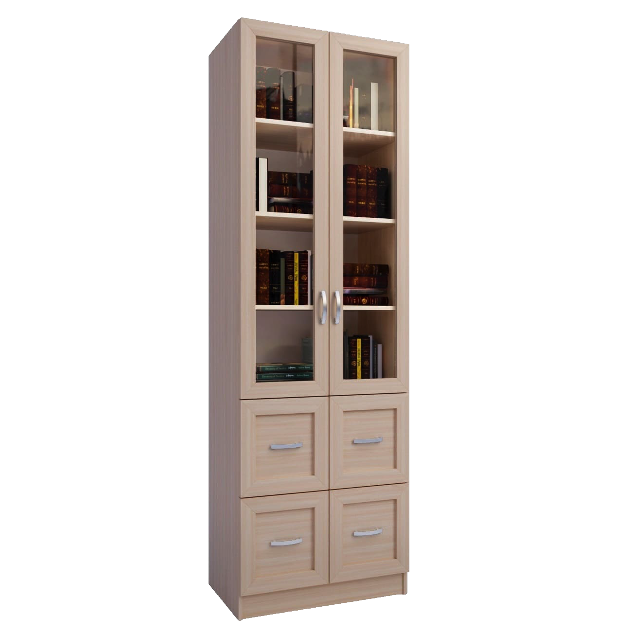 Шкаф книжный со стеклом 2-дверный комбинированный 4 ящиками 2100x800x320 мм Дуб молочный (2316624)