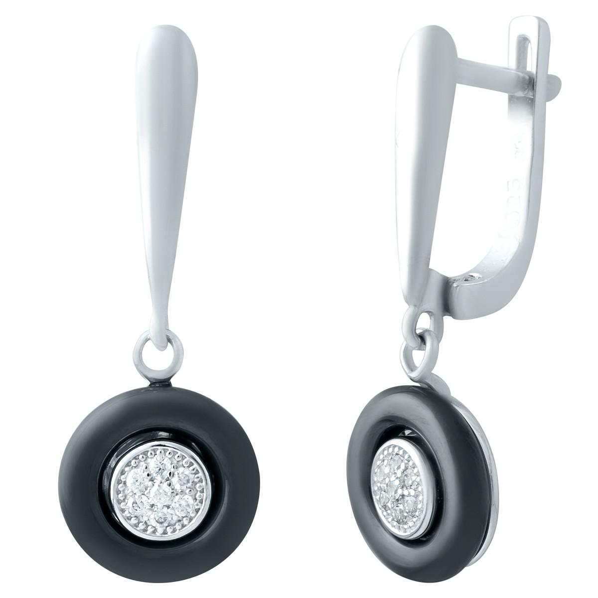 Сережки срібні з чорної кераміки та фіанітами