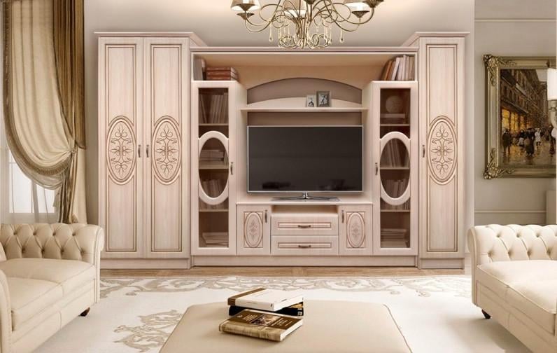 Стенка в зал Мастер Форм Василиса 3,19 м в классическом стиле Береза патина