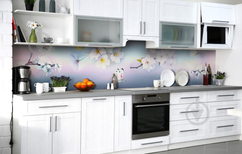 Скинали на кухню Zatarga «Порхающие в вишнях» 600х2500 мм виниловая 3Д наклейка кухонный фартук самоклеящаяся