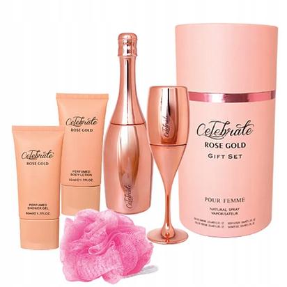 Подарунковий набір для жінок Celebrate Rose Gold парфуми/міні-спрей/лосьйон/гель/губка (REF877B)