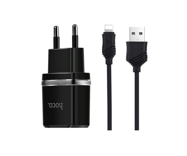 Пристрій зарядний мережевий Hoco C12 2 Usb 2,4 A Lightning 1 м Чорний