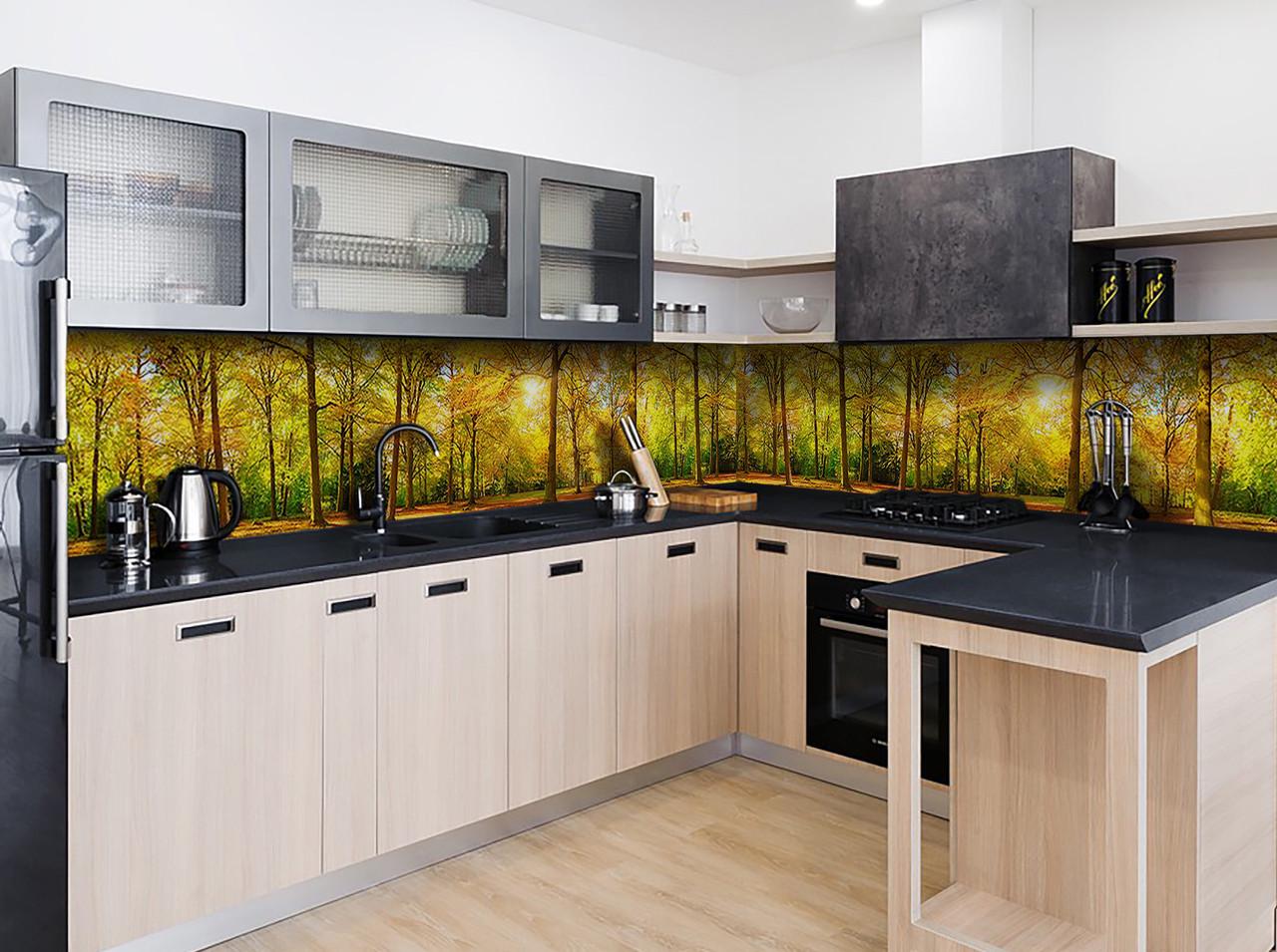 Кухонный фартук Осенний лес/Деревья из самоклеющейся виниловой пленки 60х300 см Желтый