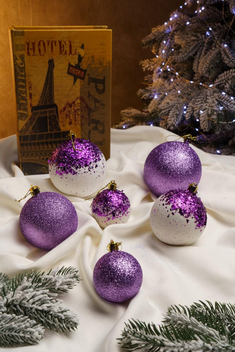 Ялинковий набір куль з блискітками Бите Скло Фіолетовий Білий (VYA678122) - фото 4 Ялинковий набір куль з блискітками Бите Скло Фіолетовий Білий (VYA678122) - фото 4