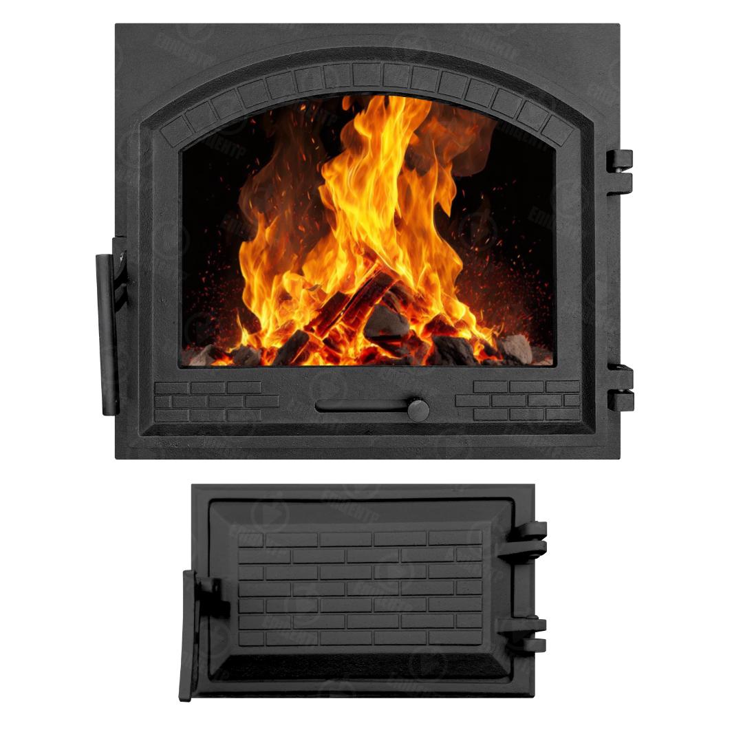 Комплект чавунних дверцят замковий з регулятором тяги з вогнетривким склом XL 490x420 мм/піддувальний замковий 265x165 мм