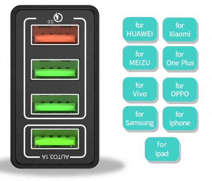 Зарядний пристрій мережевий QC 3.0 4-USB порти + кабель USB 6 A Чорний (ML023-1) - фото 3