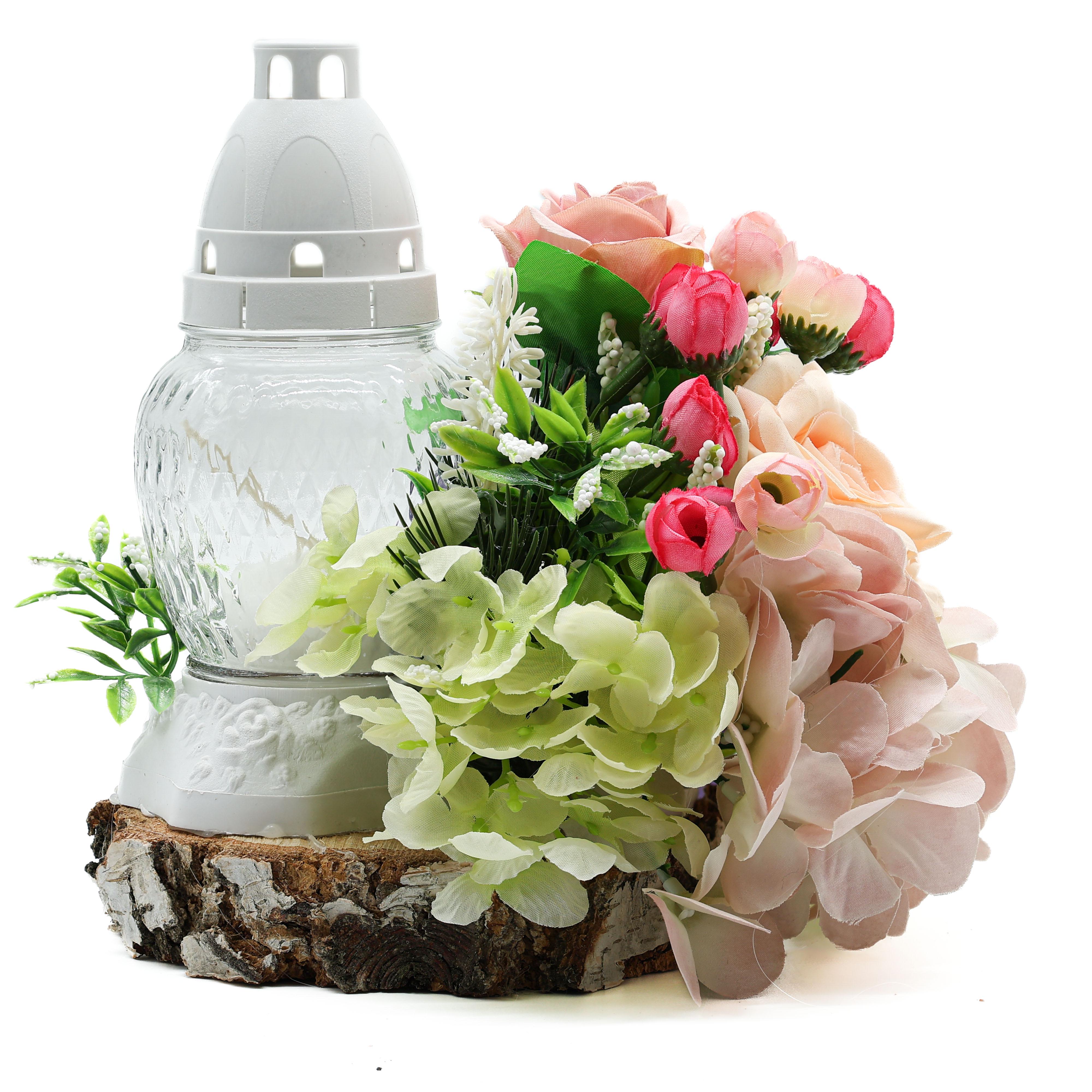 Композиция ДАЙС из искусственных цветов и лампадой со свечой на деревянной основе 20 см (КК2020)