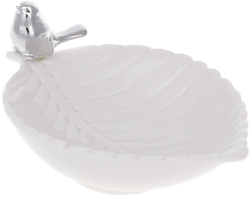 Подставка фарфор для украшений серебряная птичка на листочке 13х12х8 см Белый