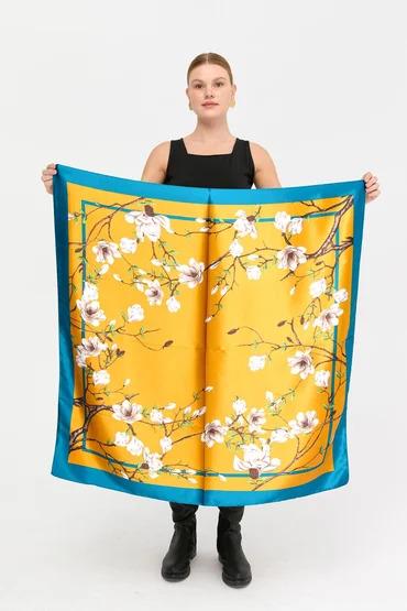 Платок шелковый Цветочный рай Mosi 90х90 см Желто-голубой - фото 6
